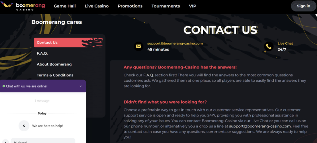 Υποστήριξη Boomerang Casino